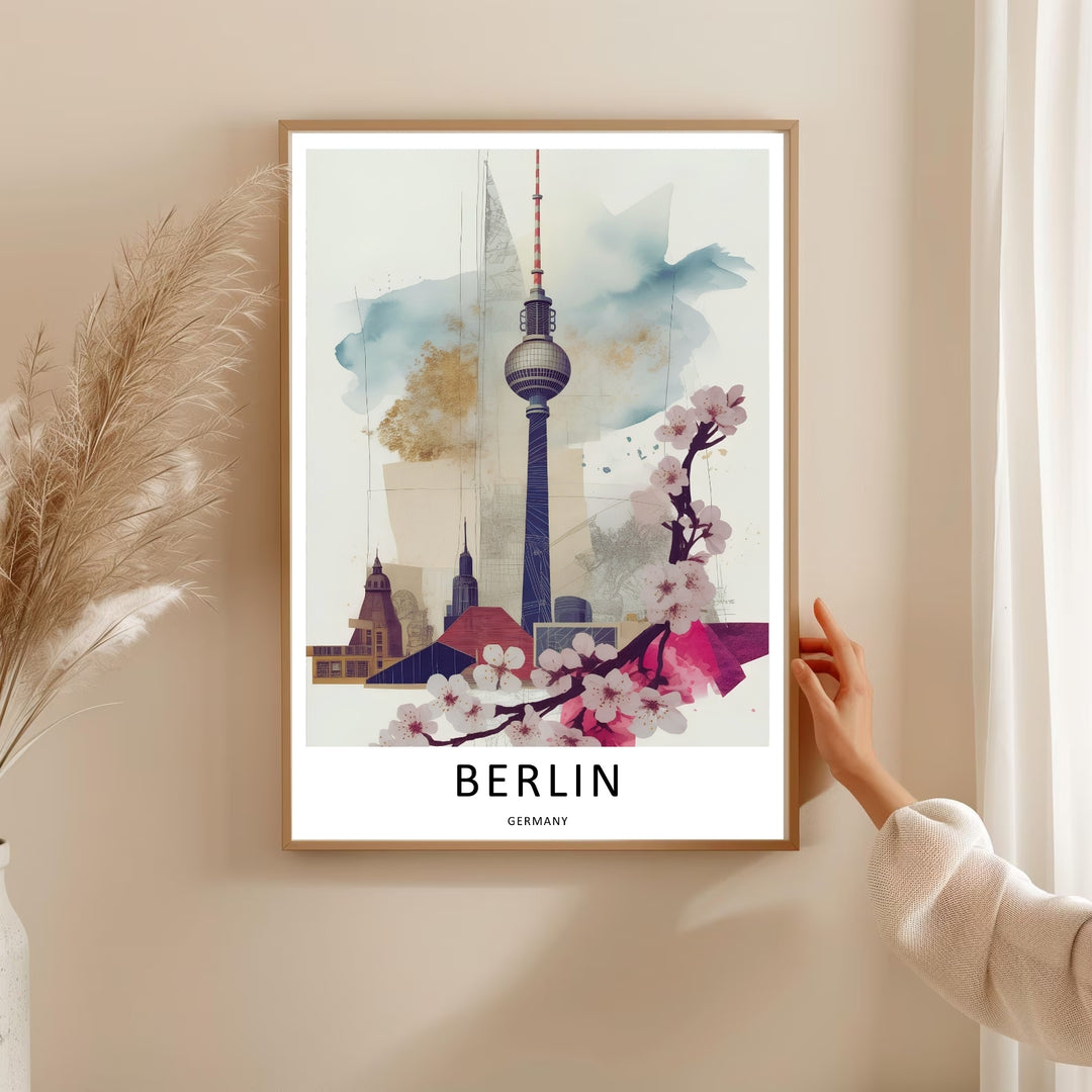 A framed architectural sketch of the Berlin Germany skyline. The design elegantly balances industrial geometric line drawings with organic floral accents, perfect for a modern office space.