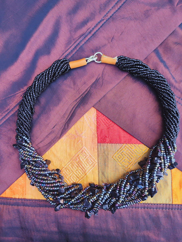 Black Multi-Strand Beaded Necklace - Handmade Statement Jewelry