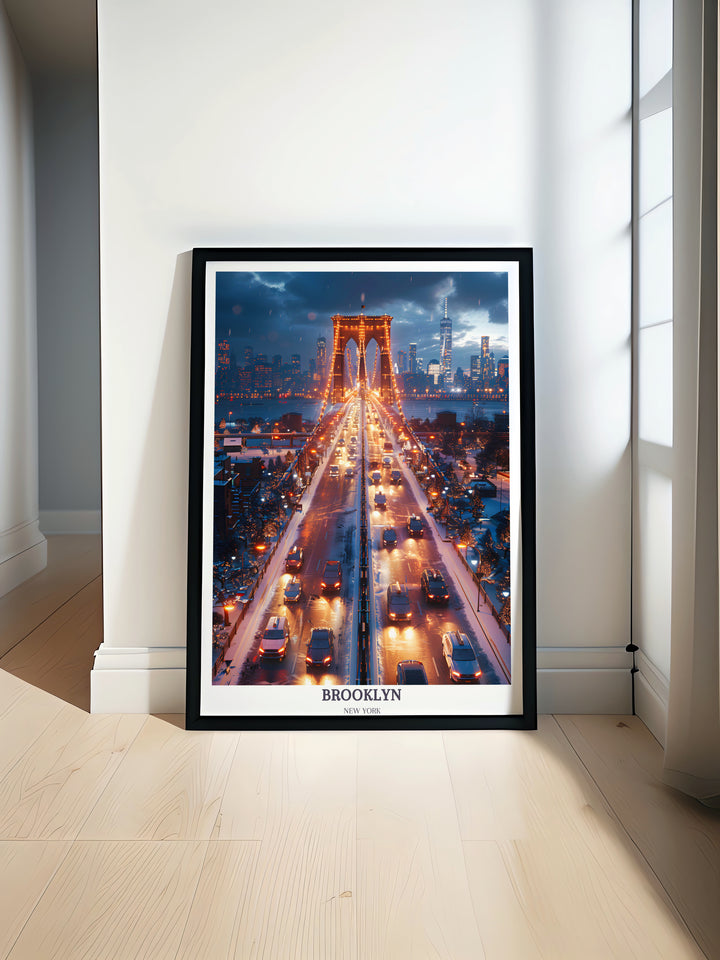 Capture the iconic charm of Brooklyn with this travel poster featuring the famous Brooklyn Bridge. Perfect for elevating your home decor