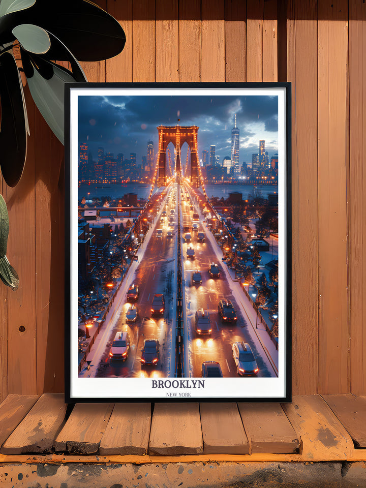 Bring a touch of urban sophistication to your home decor with this Brooklyn travel poster showcasing the iconic Brooklyn Bridge