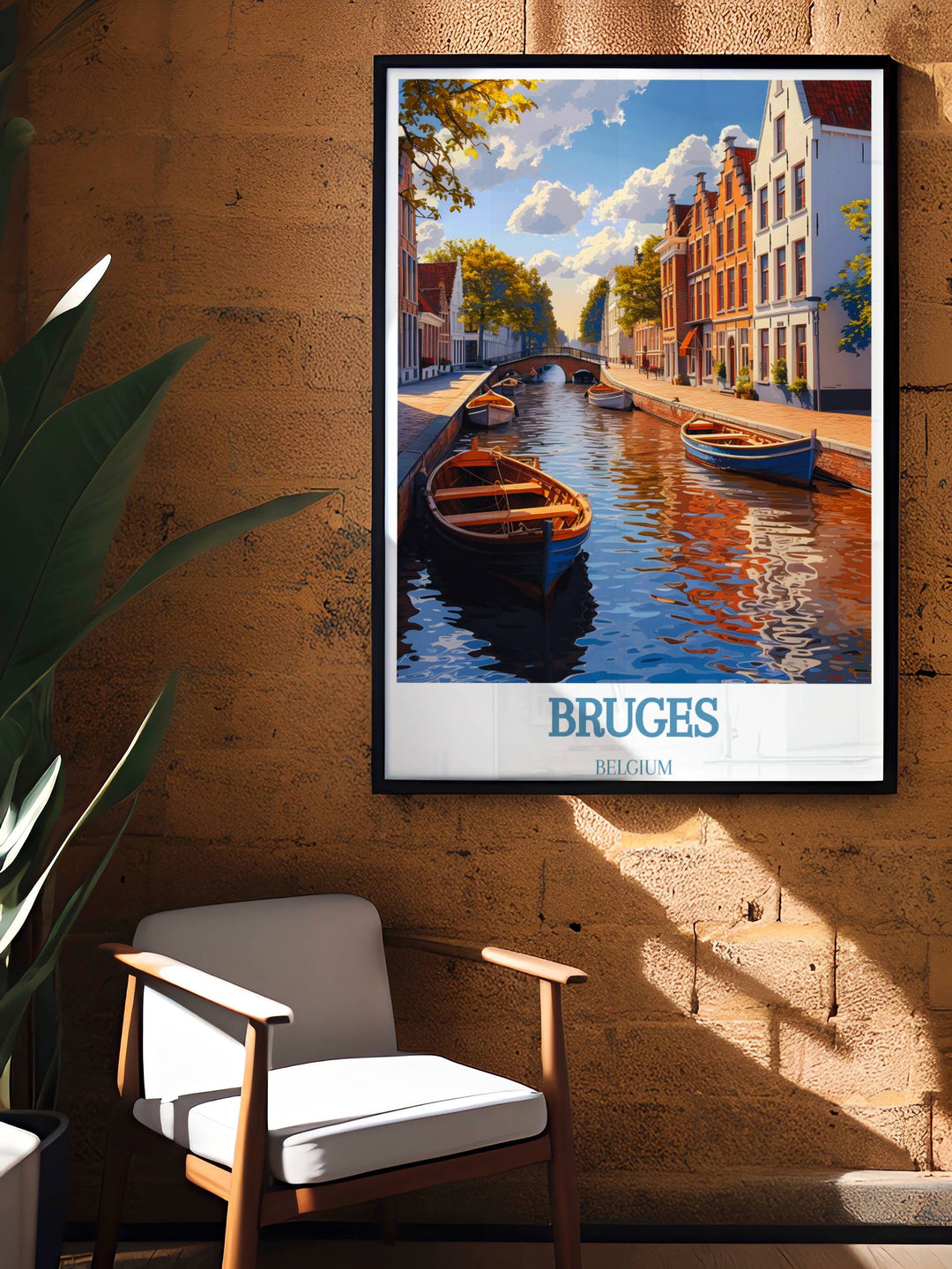 Artistic rendition of the Canal of Bruges showing vivid reflections of medieval architecture, perfect for adding historical elegance to any room