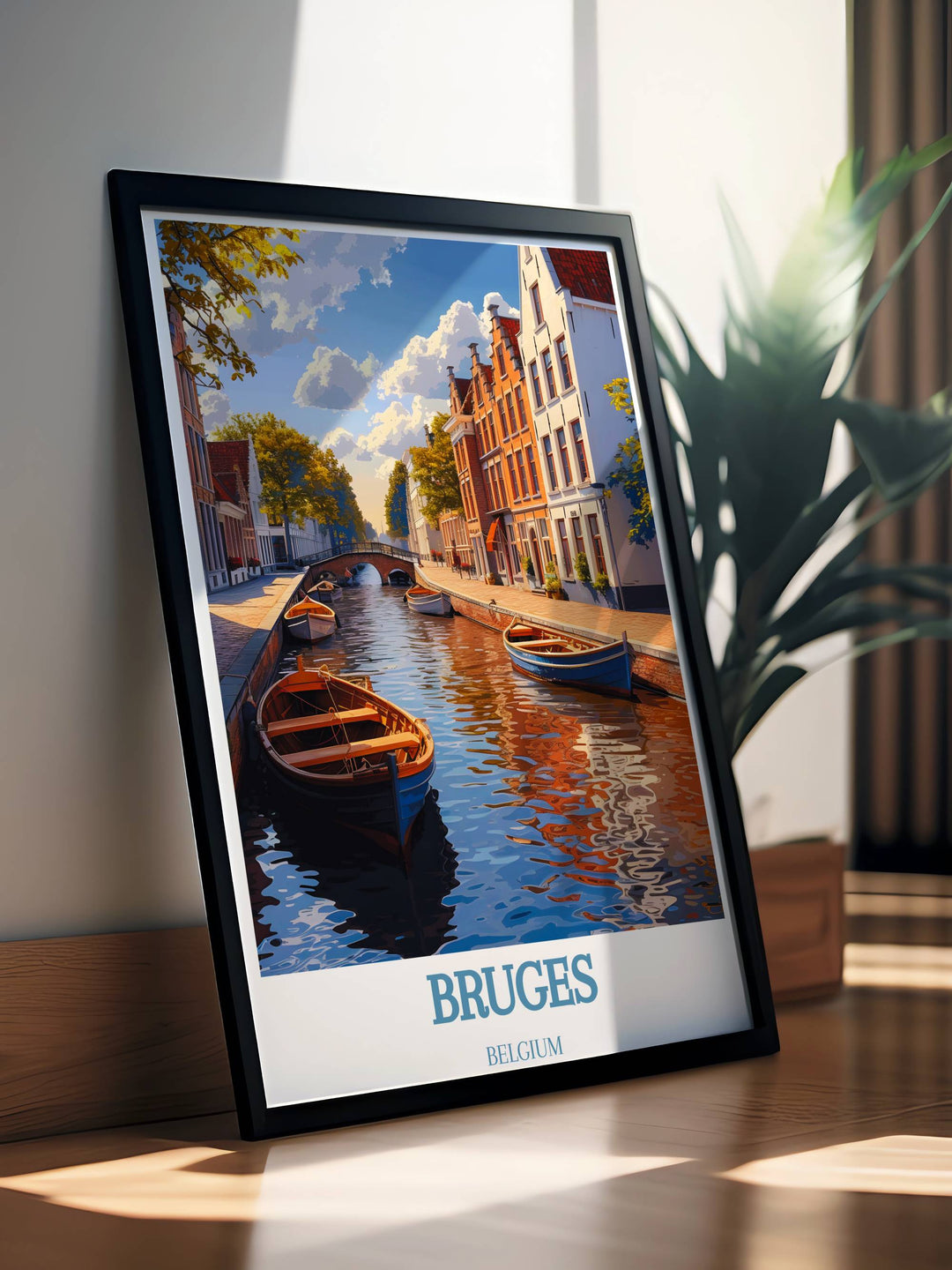 Detailed artistic print of the Canal of Bruges with autumn colors reflecting on calm waters, enhancing any gallery wall