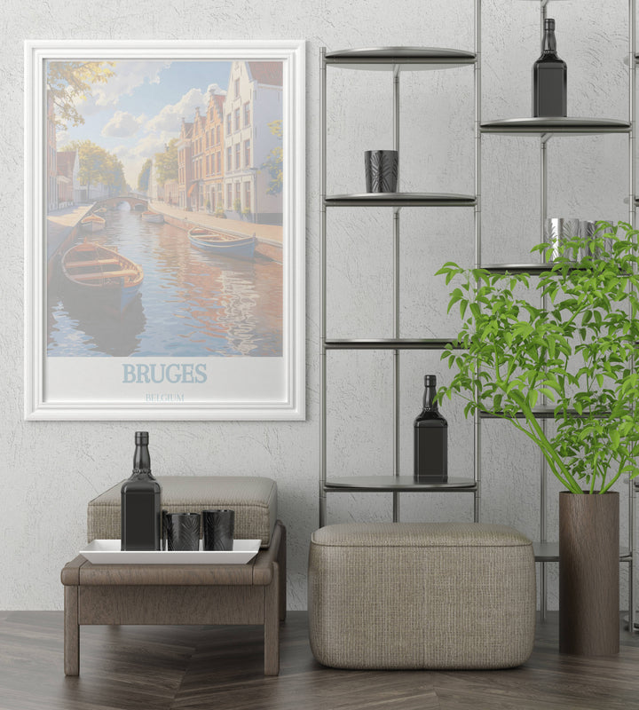 Morning at the Canal of Bruges, with frost lining the banks and mist over the water, in a detailed fine art print