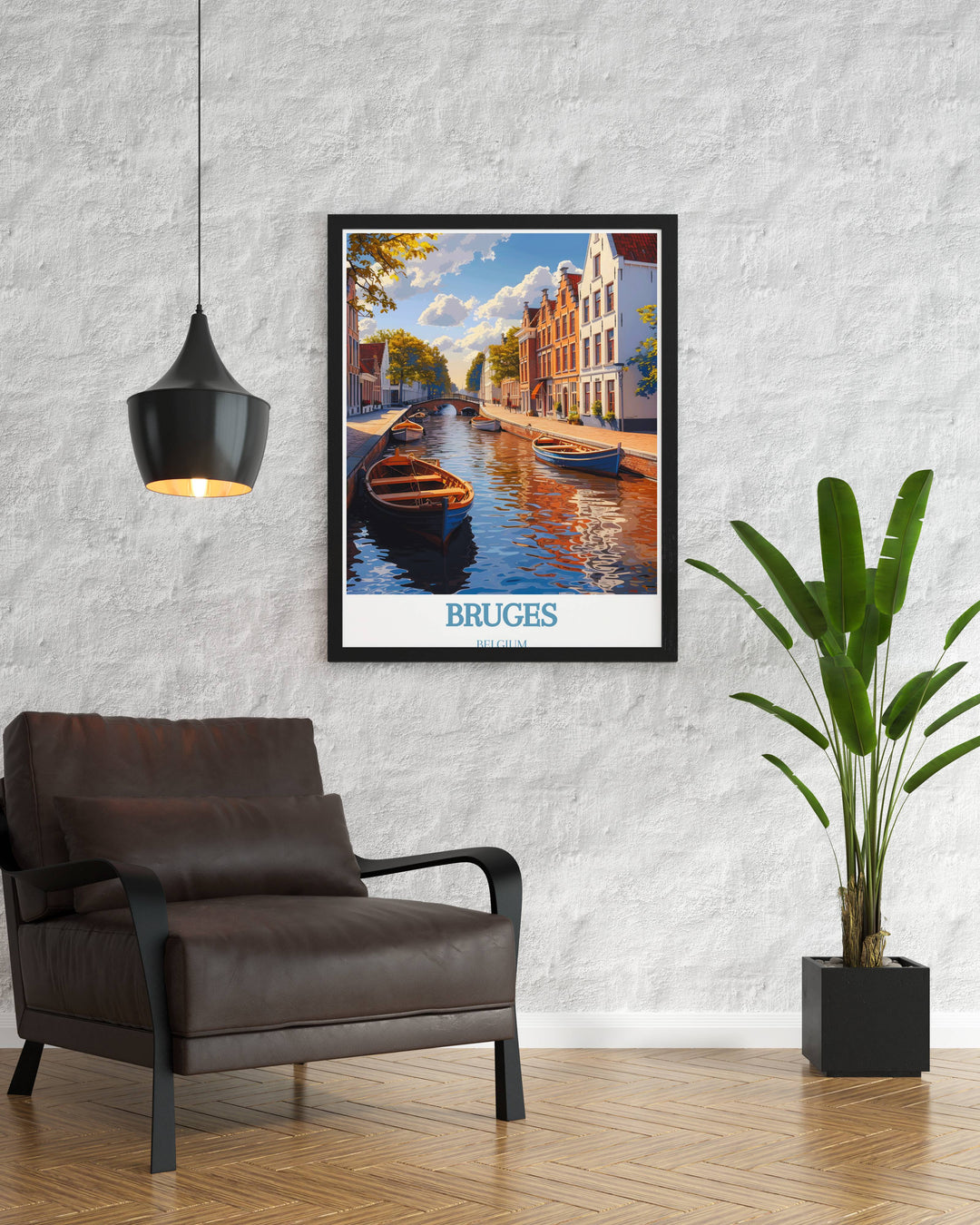 Sunset view over the Canal of Bruges captured in a custom print, showcasing the peaceful evening atmosphere in vibrant colors