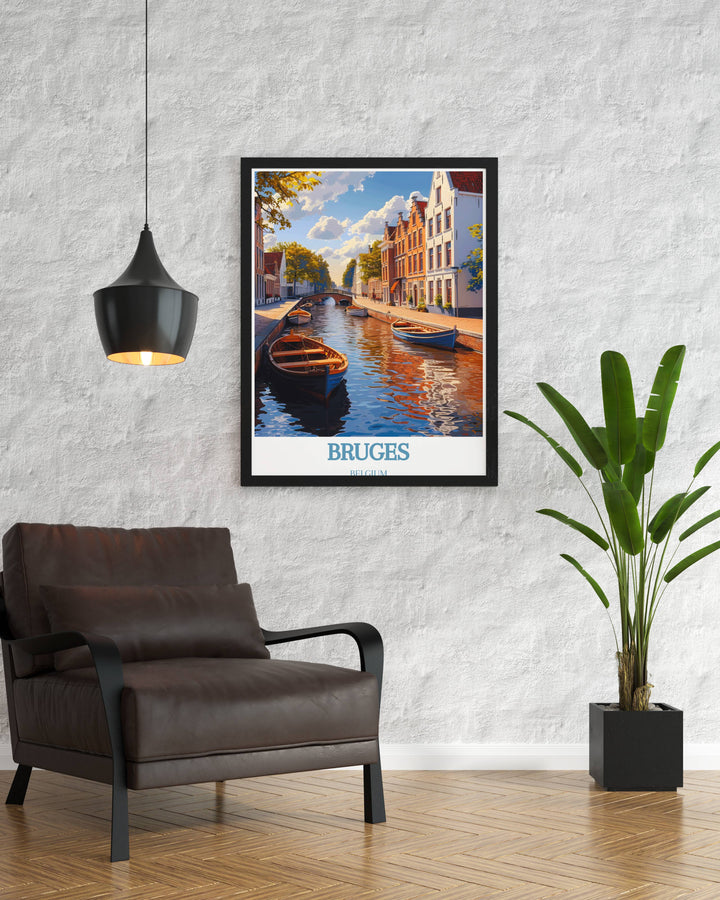 Sunset view over the Canal of Bruges captured in a custom print, showcasing the peaceful evening atmosphere in vibrant colors