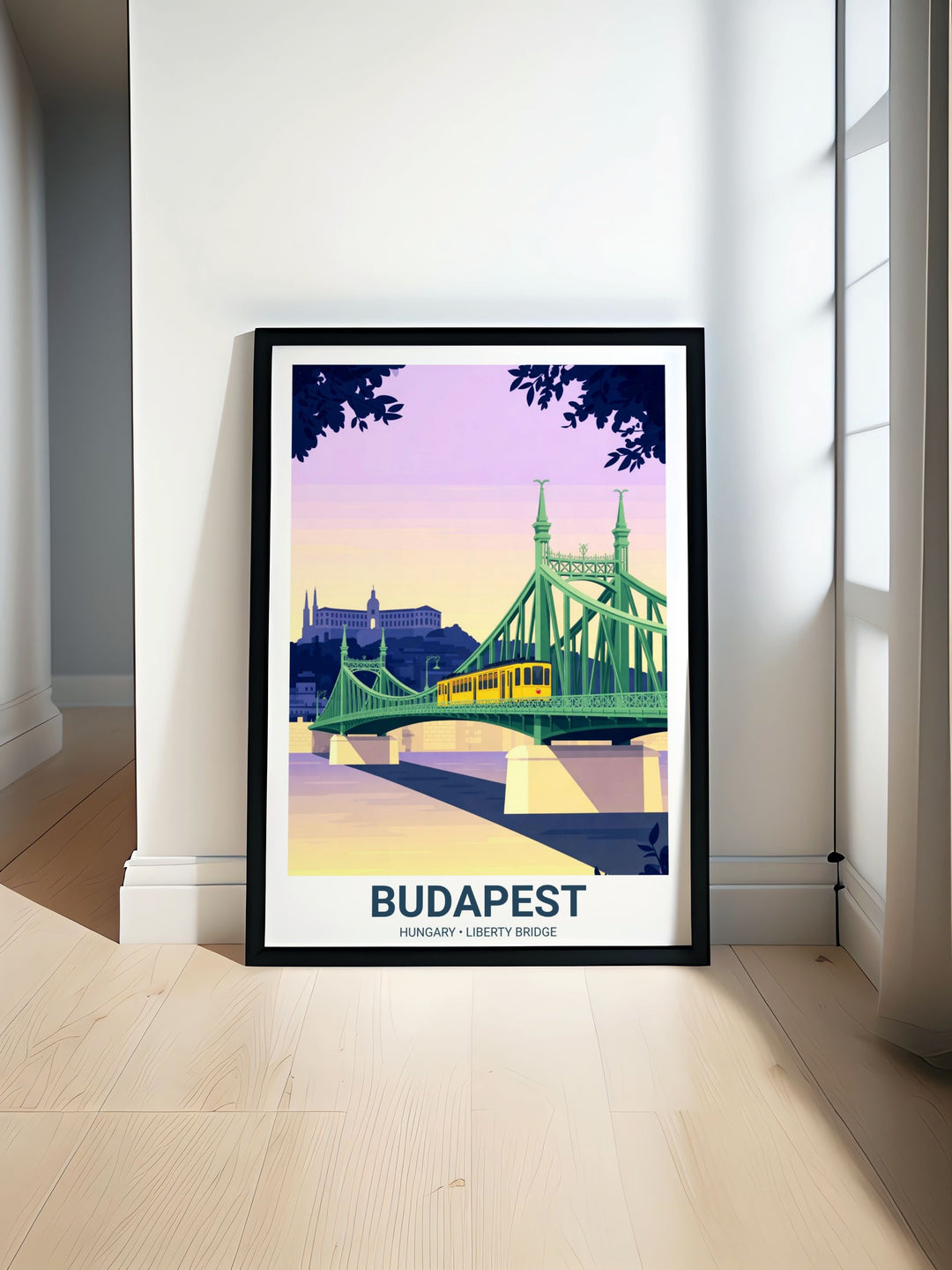 A stylized vector illustration of the green Liberty Bridge in Budapest. A bright yellow vintage tram crosses the iron bridge over the calm Danube River during a purple sunset.