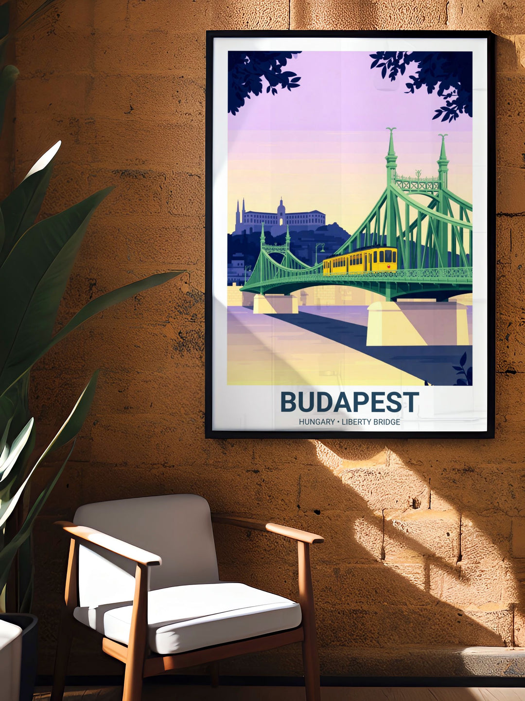 Illustration of the iconic green bridge in Budapest. The yellow tram provides a focal point against the cool-toned architectural background and the dark waters of the Danube.
