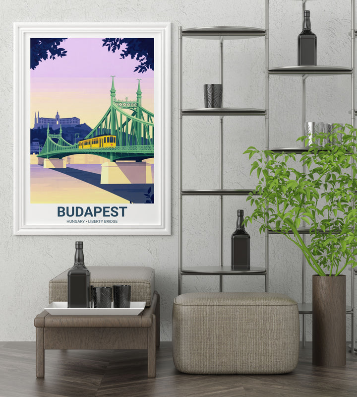 A yellow Hungarian tram travels across a detailed green bridge. The background features the dark indigo silhouettes of the Buda hills and architectural domes at dusk.