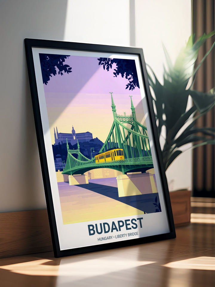 Close-up illustration of a classic yellow tram on a green iron bridge. In the distance, the grand Hotel Gellert is rendered as a sophisticated dark purple architectural silhouette.