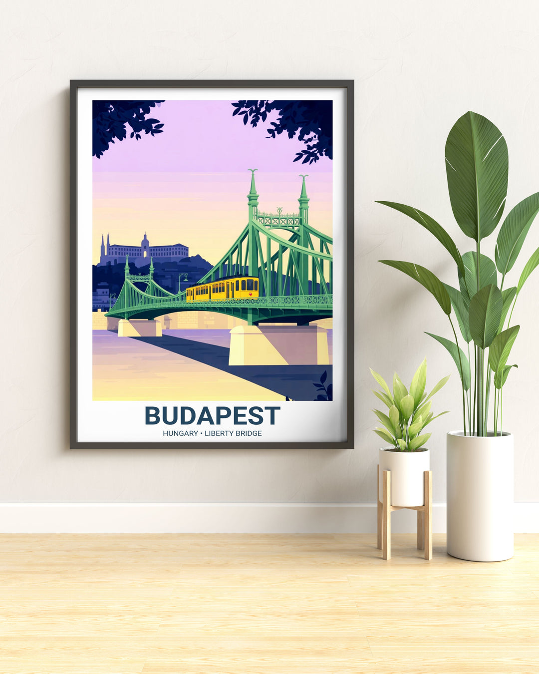 Artistic rendering of the Budapest skyline at the Blue Hour. The green bridge structure frames a view of the Danube River and the historic buildings of the Gellert Hill area.