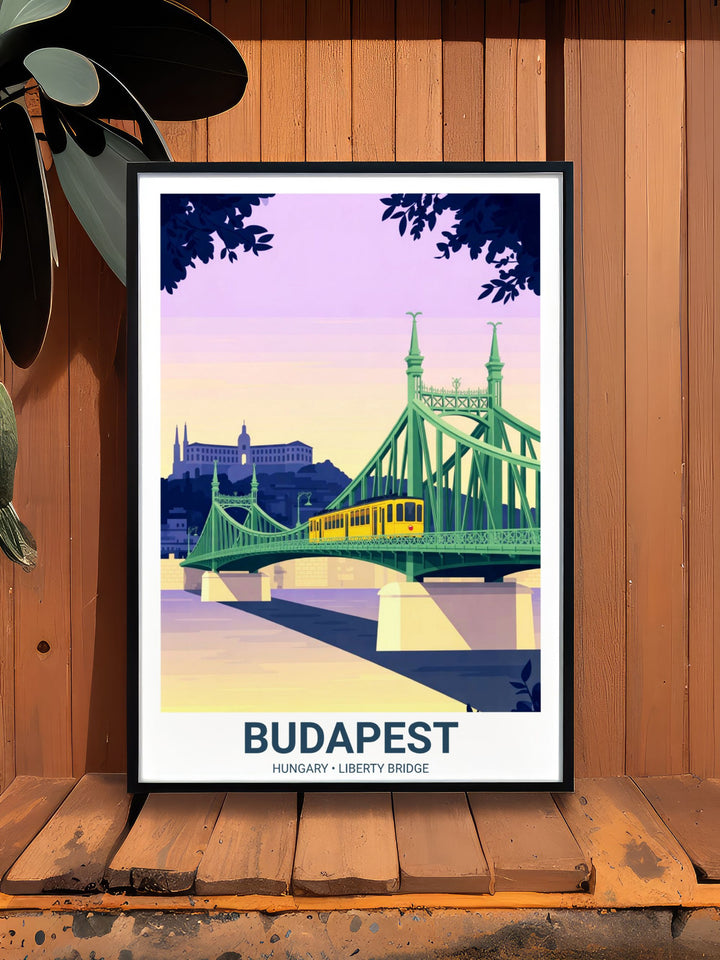 Flat design vector art of a vintage tram on the Liberty Bridge. The scene is set during a tranquil sunset with a gradient sky transitioning from deep indigo to soft lavender.