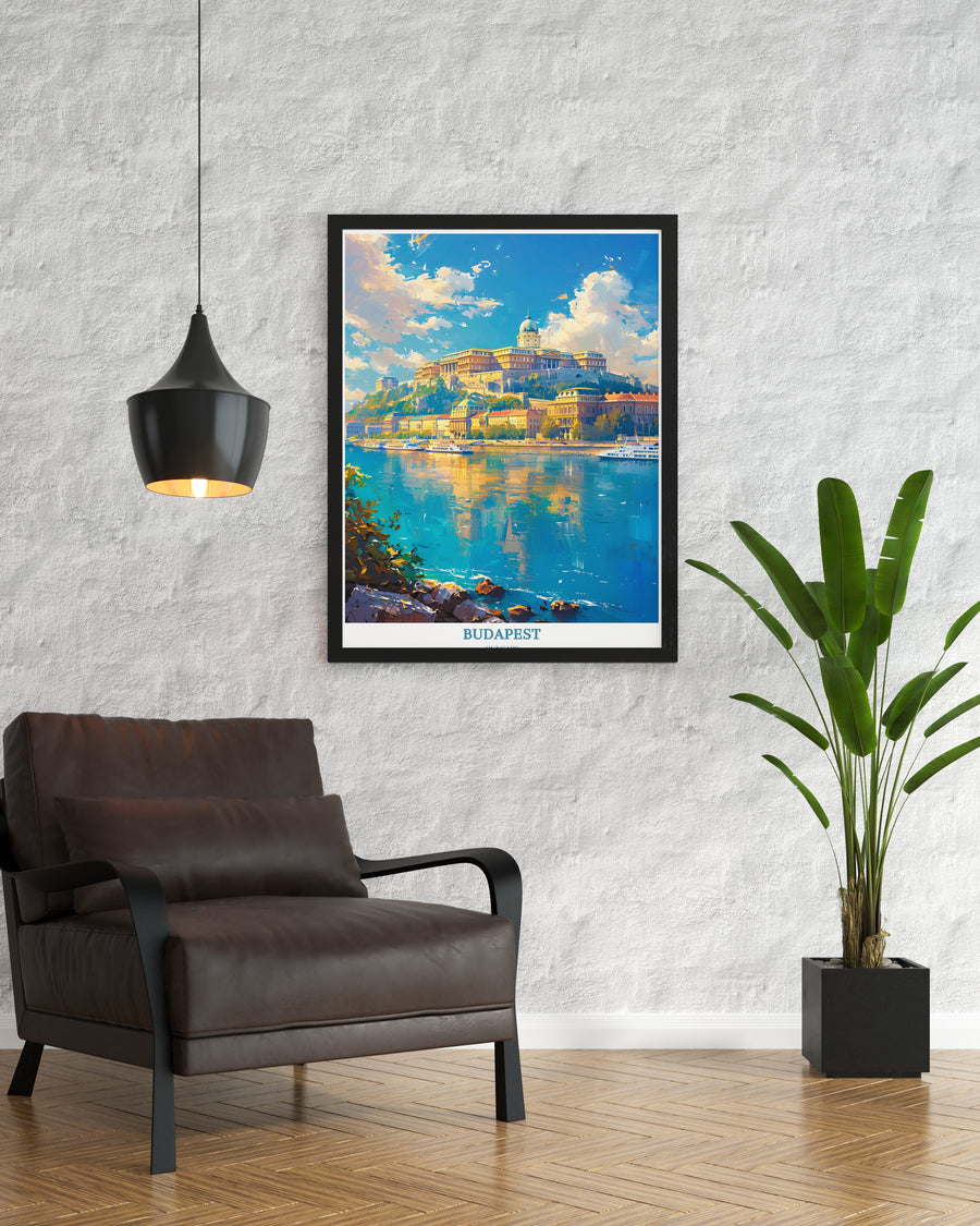 Framed wall art print showing blue river cityscape with &