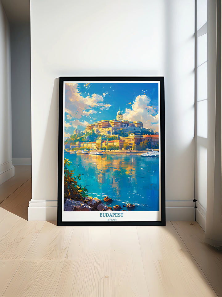 Elegant Budapest travel print featuring the iconic Buda Castle and the stunning architecture of Hungary perfect as a sophisticated gift for art lovers or as unique Budapest wall décor