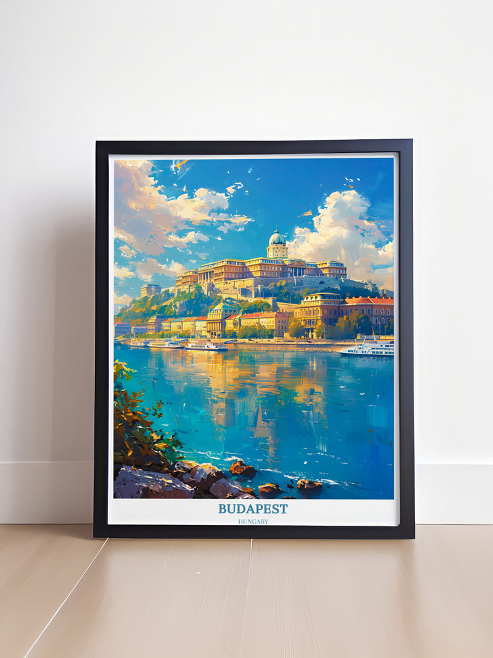 Vibrant wall art capturing the essence of Budapest travel showcasing the majestic beauty of Buda Castle designed to enchant art enthusiasts and serve as a memorable gift from Hungary