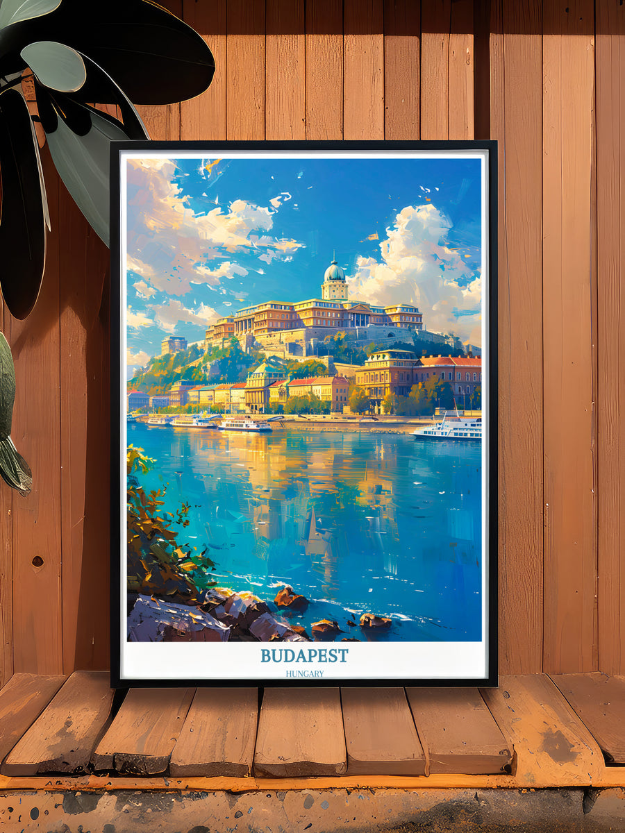 Framed wall art print with blue river cityscape and &