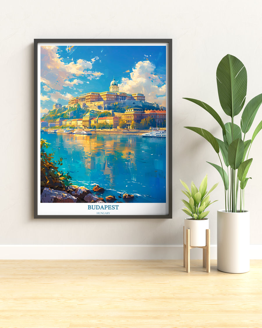 Framed wall art print with blue river cityscape and &