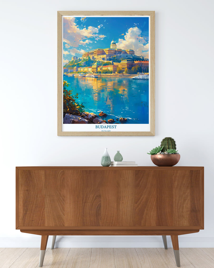 Framed wall art print of blue riverside cityscape with &