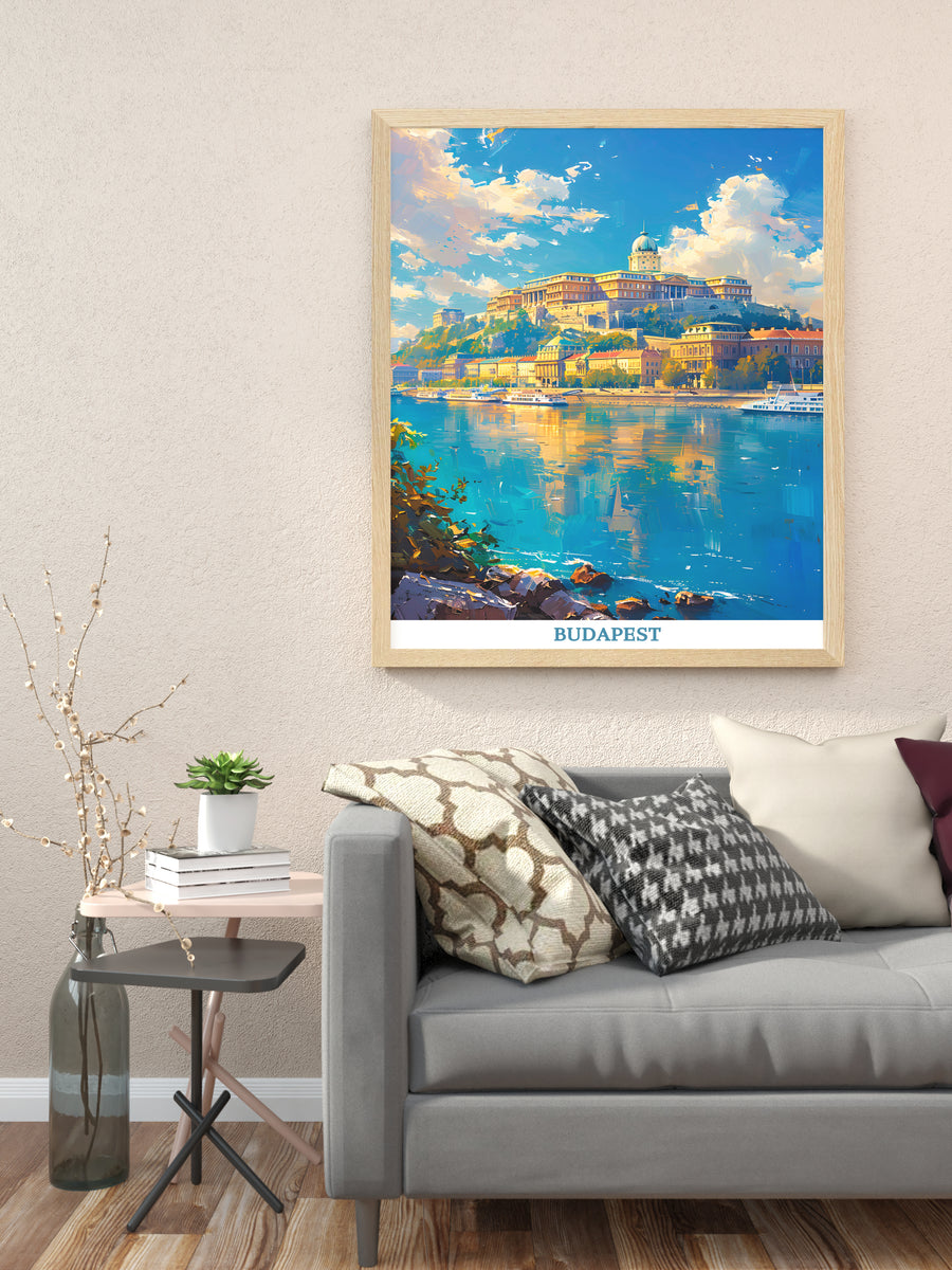 Framed wall art print of blue river cityscape with &