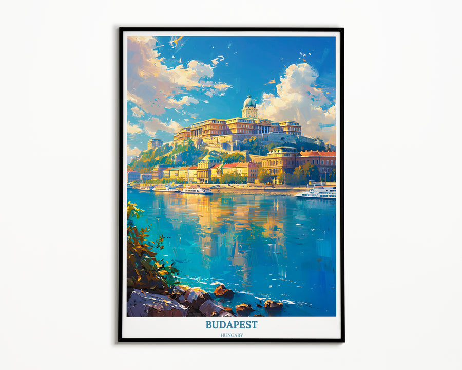 Framed wall art print with blue river city skyline and &