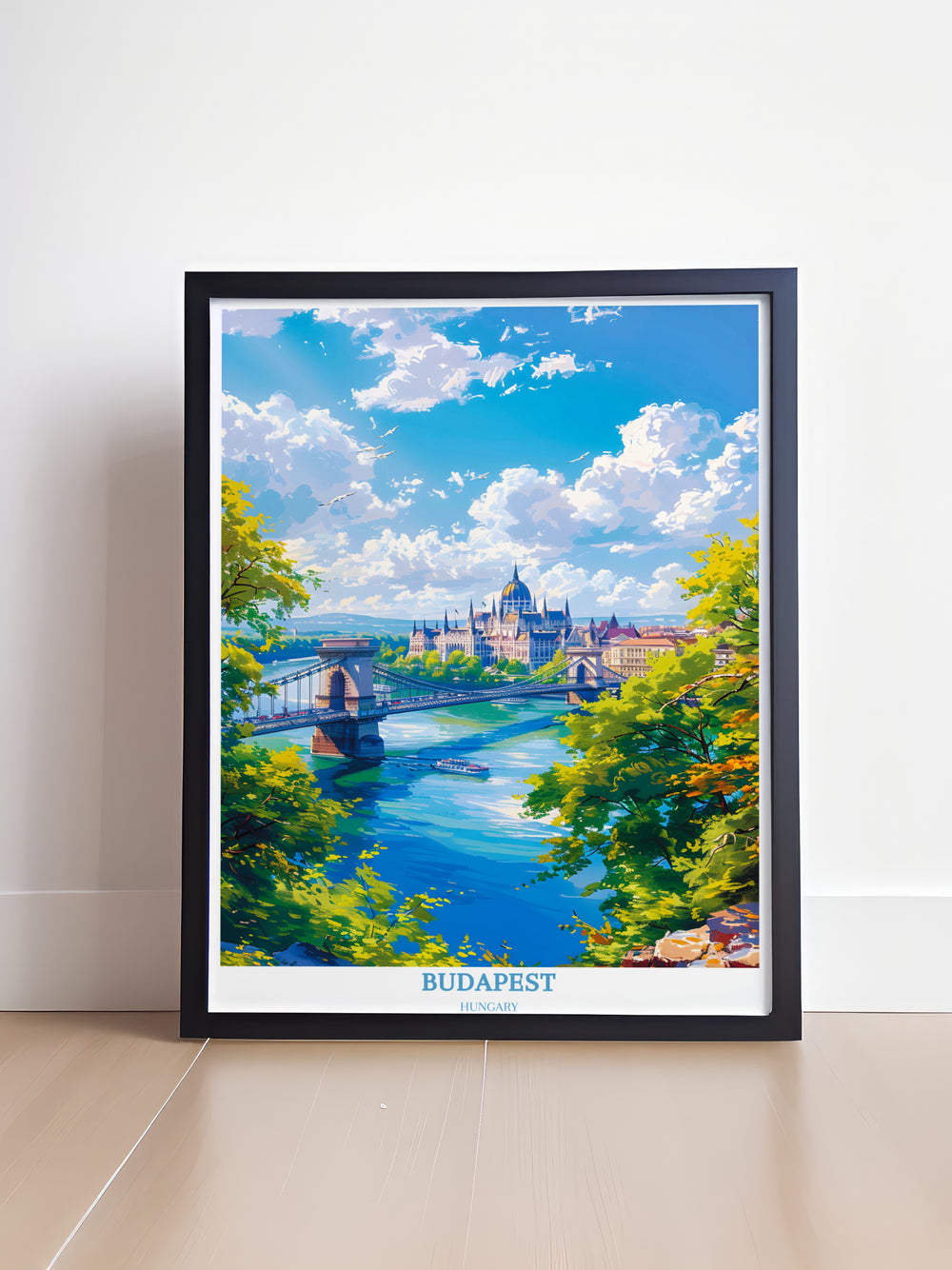 Adorn your walls with Budapest travel prints, featuring the iconic Széchenyi Chain Bridge and the city's charm, perfect for art lovers seeking European elegance in home decor