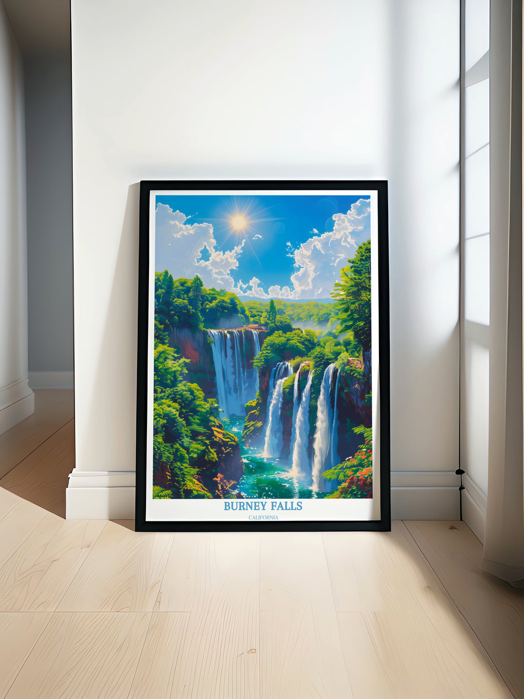 A vivid poster showcasing Burney Falls in California, highlighting the waterfall's cascading beauty, perfect for those who love travel and nature, and ideal as a travel gift.