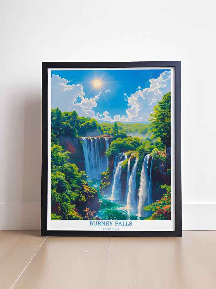 Burney Falls California Poster captures the serene beauty of the falls amidst lush greenery, a must-have for travel enthusiasts and art collectors looking for California-themed wall art.