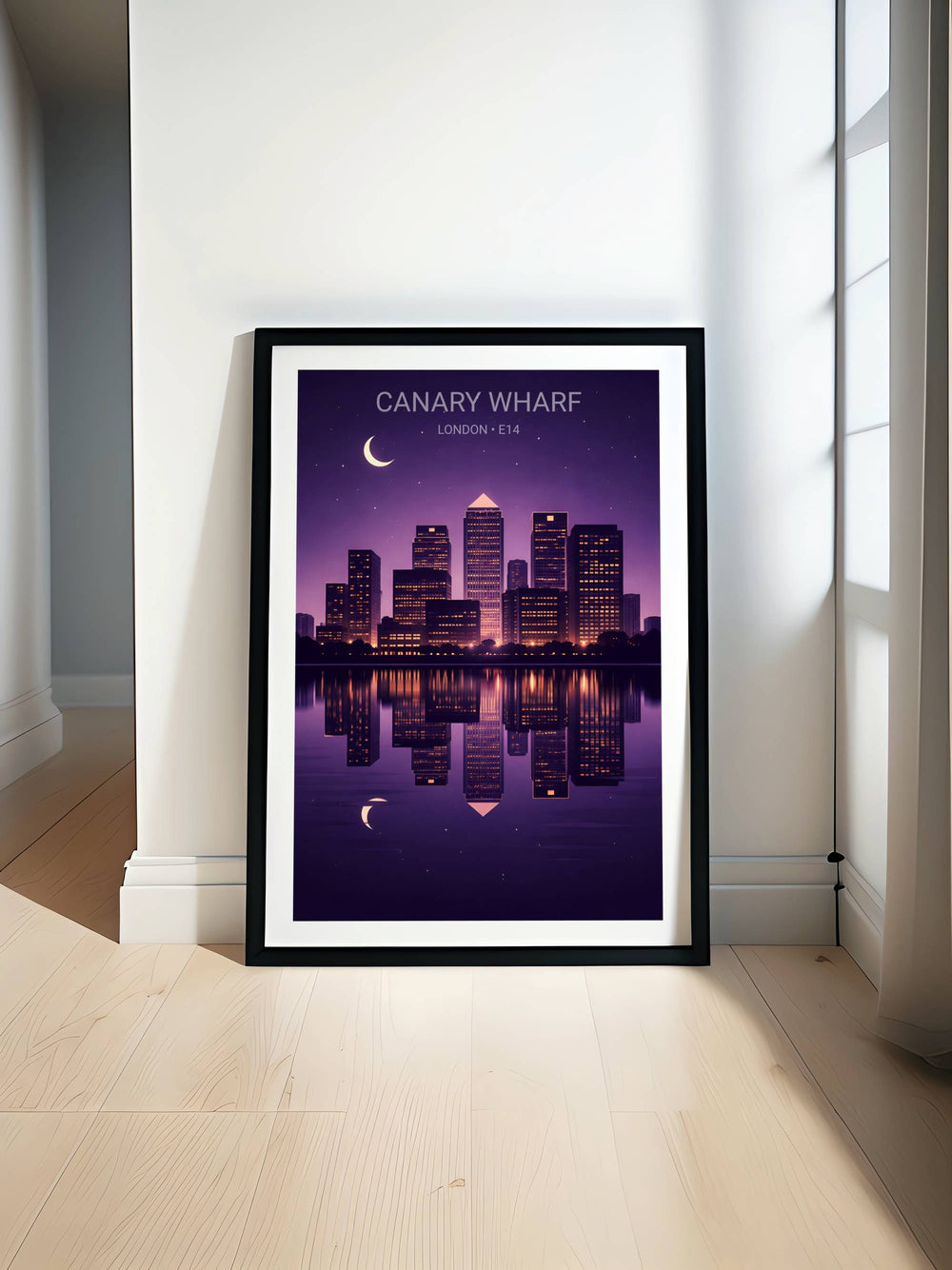A dramatic nighttime travel poster of Canary Wharf London E14 featuring the glowing skyscrapers of the financial district and a full moon illuminating the urban skyline in a modern graphic style.