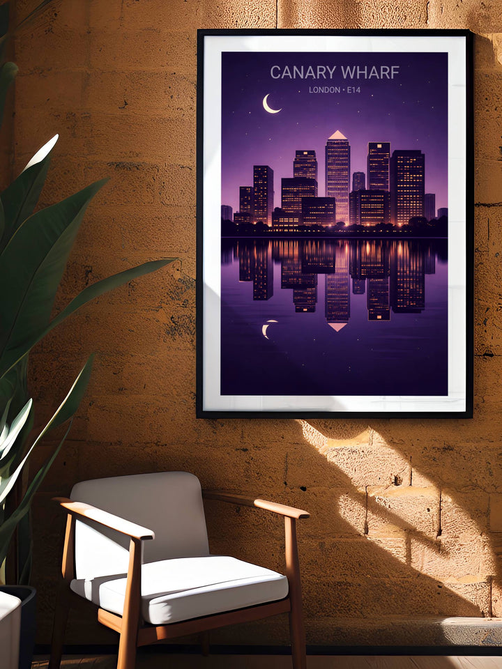 Framed artwork of Canary Wharf skyline on a wooden wall with a chair and plant.