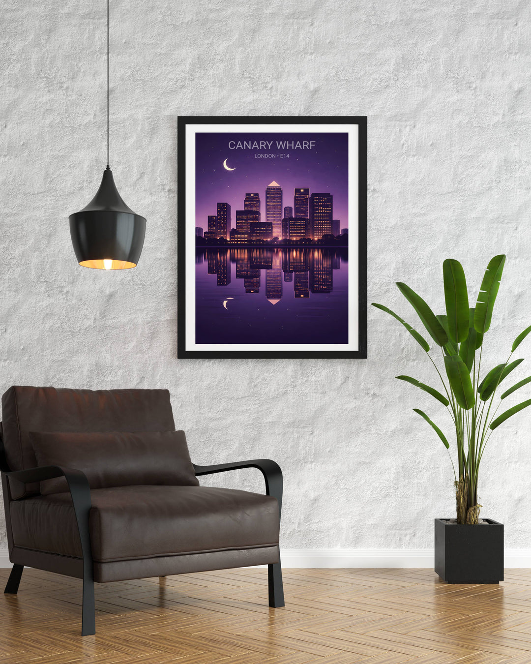 A minimalist night view of Canary Wharf London E14 city silhouette with the full moon and distant stars, perfect as a housewarming gift for East London residents looking for sophisticated decor.