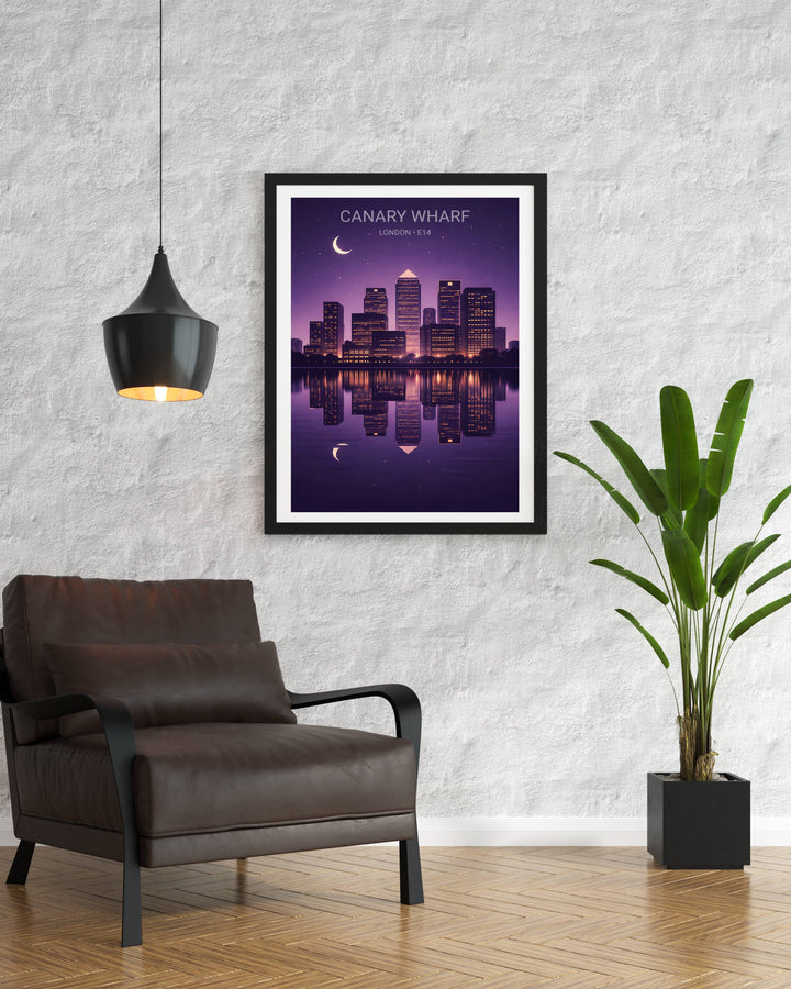 A minimalist night view of Canary Wharf London E14 city silhouette with the full moon and distant stars, perfect as a housewarming gift for East London residents looking for sophisticated decor.