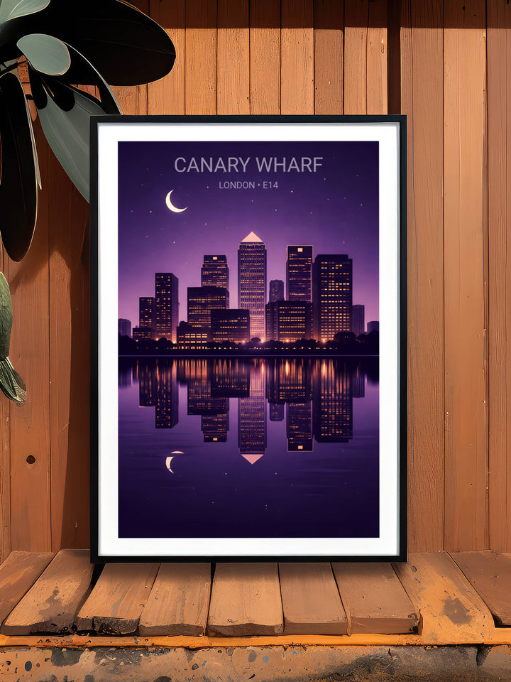 Framed poster of Canary Wharf skyline with a purple gradient.