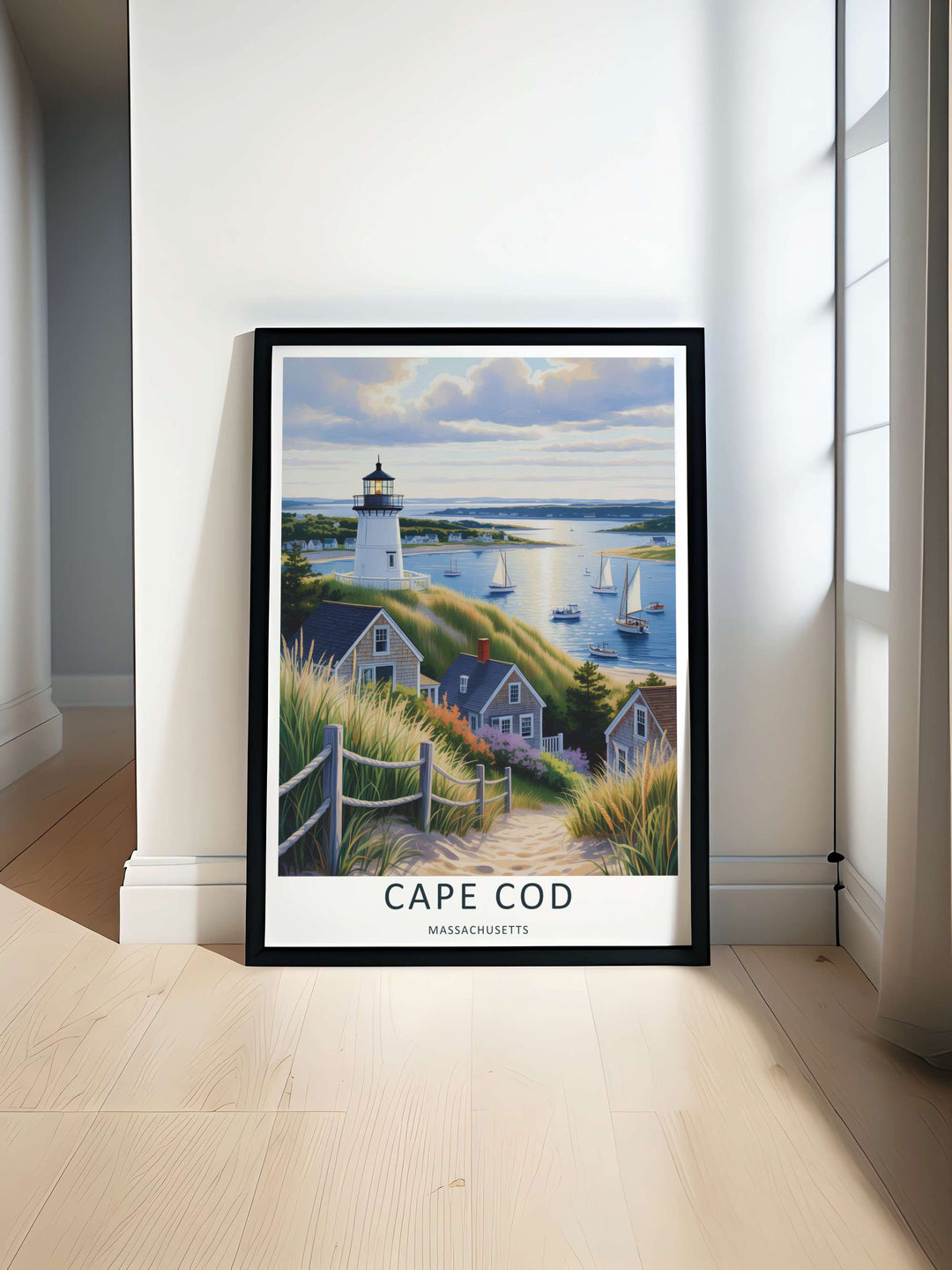 Cape Cod maritime wall art depicting a scenic ocean inlet in Massachusetts with sailing yachts, motorboats, and a historic lighthouse. This MapYourDreams decorative poster can be purchased as a premium canvas wrap or framed poster.