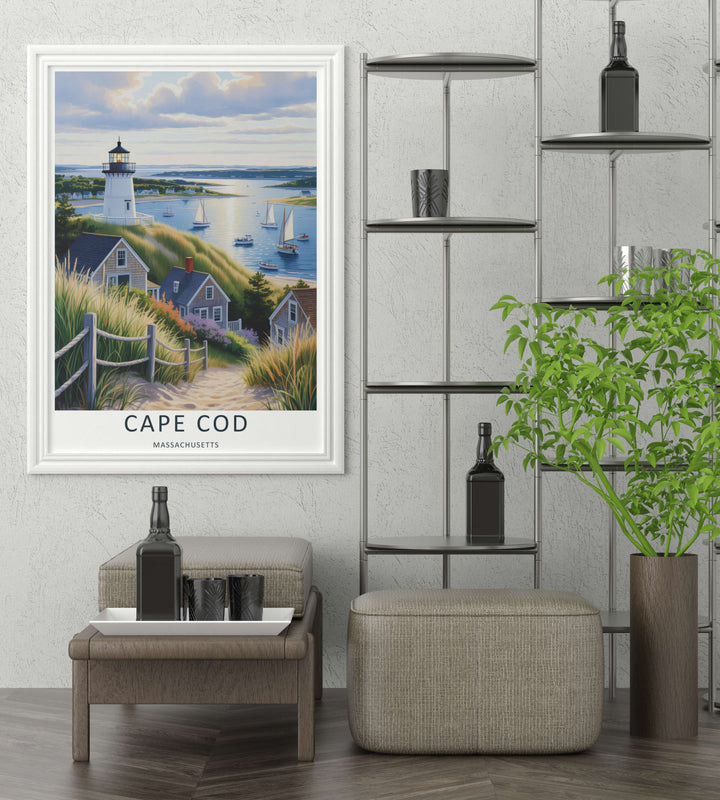 Cape Cod nautical destination art print highlighting the peaceful views of a Massachusetts ocean harbor with clean vector linework. Elevate your gallery wall with this MapYourDreams poster available in framed, canvas, and print formats.