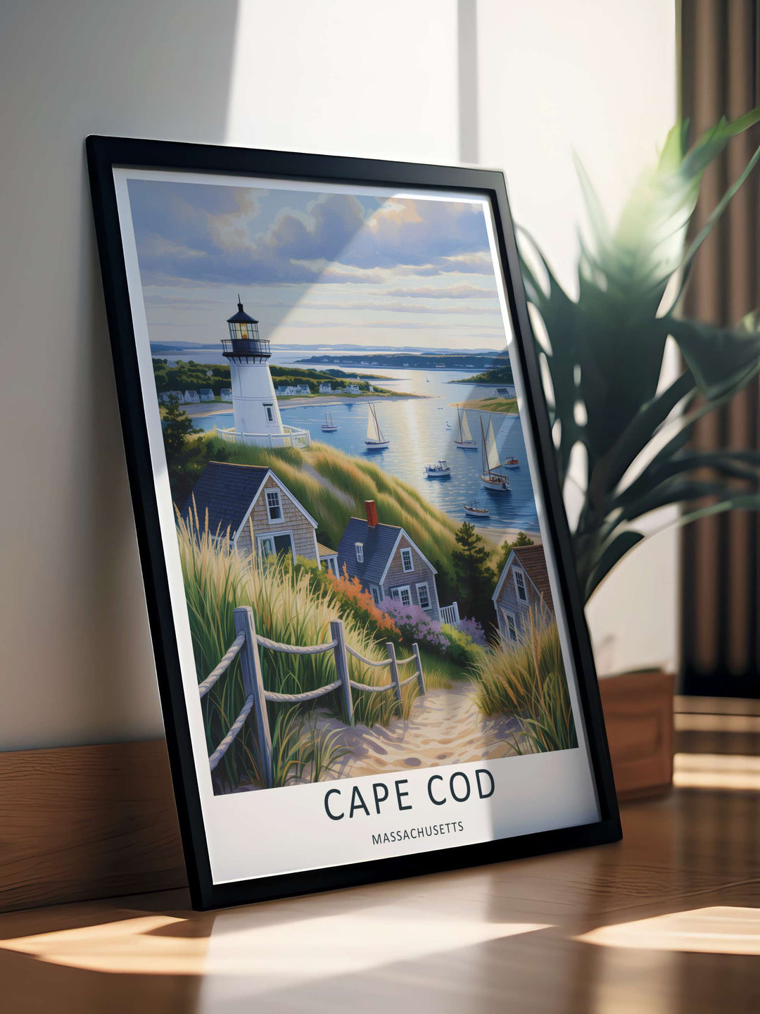 Fine art illustration of a beach dune path with purple flowers leading toward a majestic lighthouse on Cape Cod. MapYourDreams wall decor offered in multiple sizes as an unframed print, framed print, or luxury canvas.