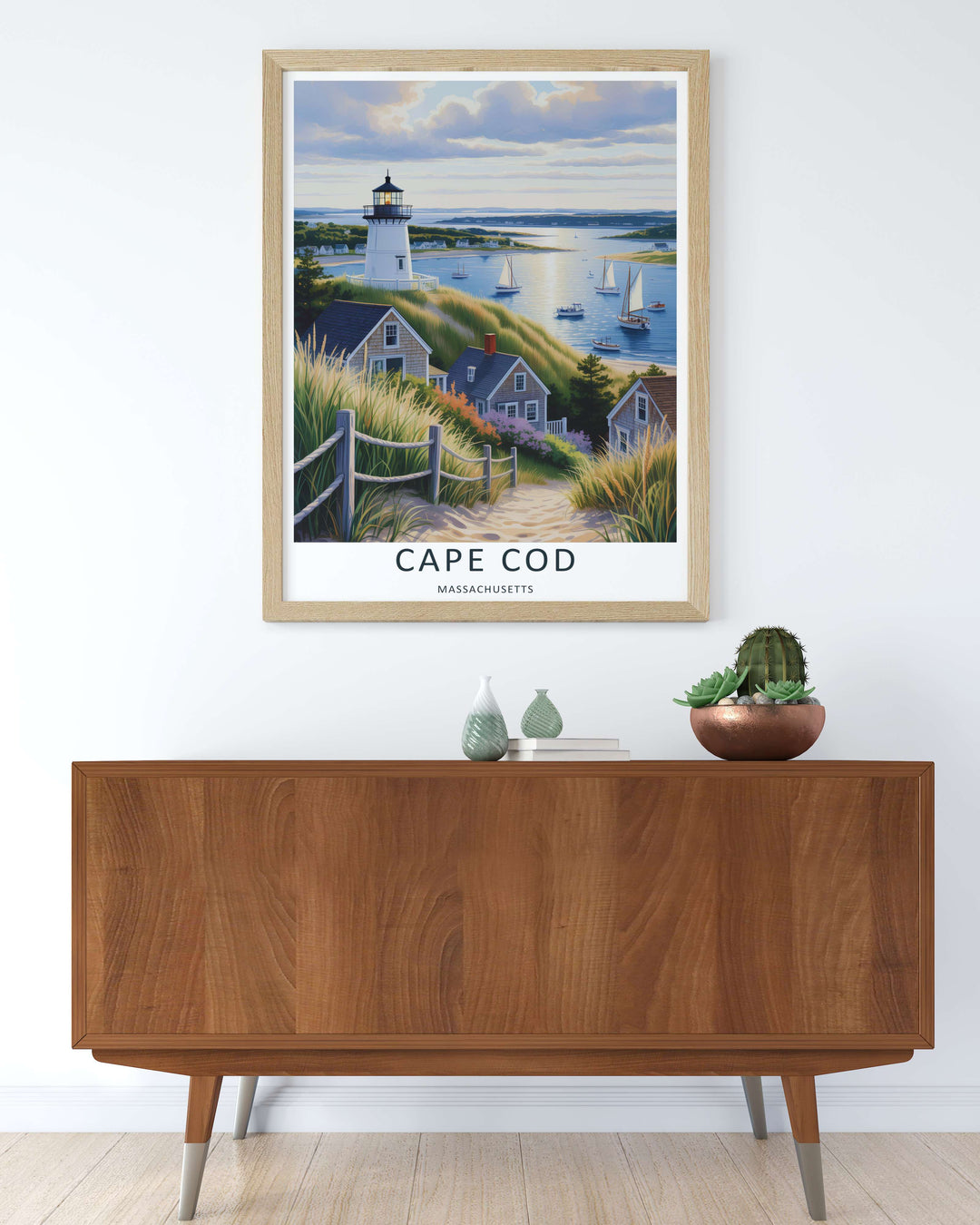 Cape Cod coastal cottages with a red brick chimney nestled in sand dunes in a modern Massachusetts print. Upgrade your bedroom wall decor with this MapYourDreams design, available as a framed print or stretched canvas.