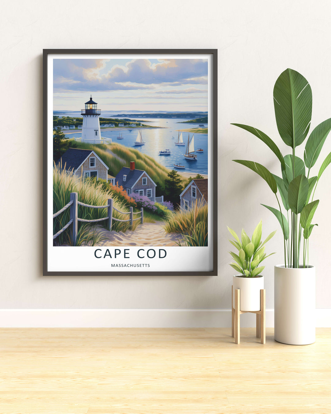 Cape Cod lighthouse tower looking out over a glistening blue ocean bay filled with white sailboats and small fishing boats. A striking poster design perfect for living room decor as a canvas print, framed art, or poster.