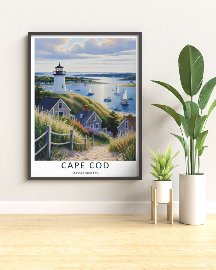 Cape Cod lighthouse tower looking out over a glistening blue ocean bay filled with white sailboats and small fishing boats. A striking poster design perfect for living room decor as a canvas print, framed art, or poster.