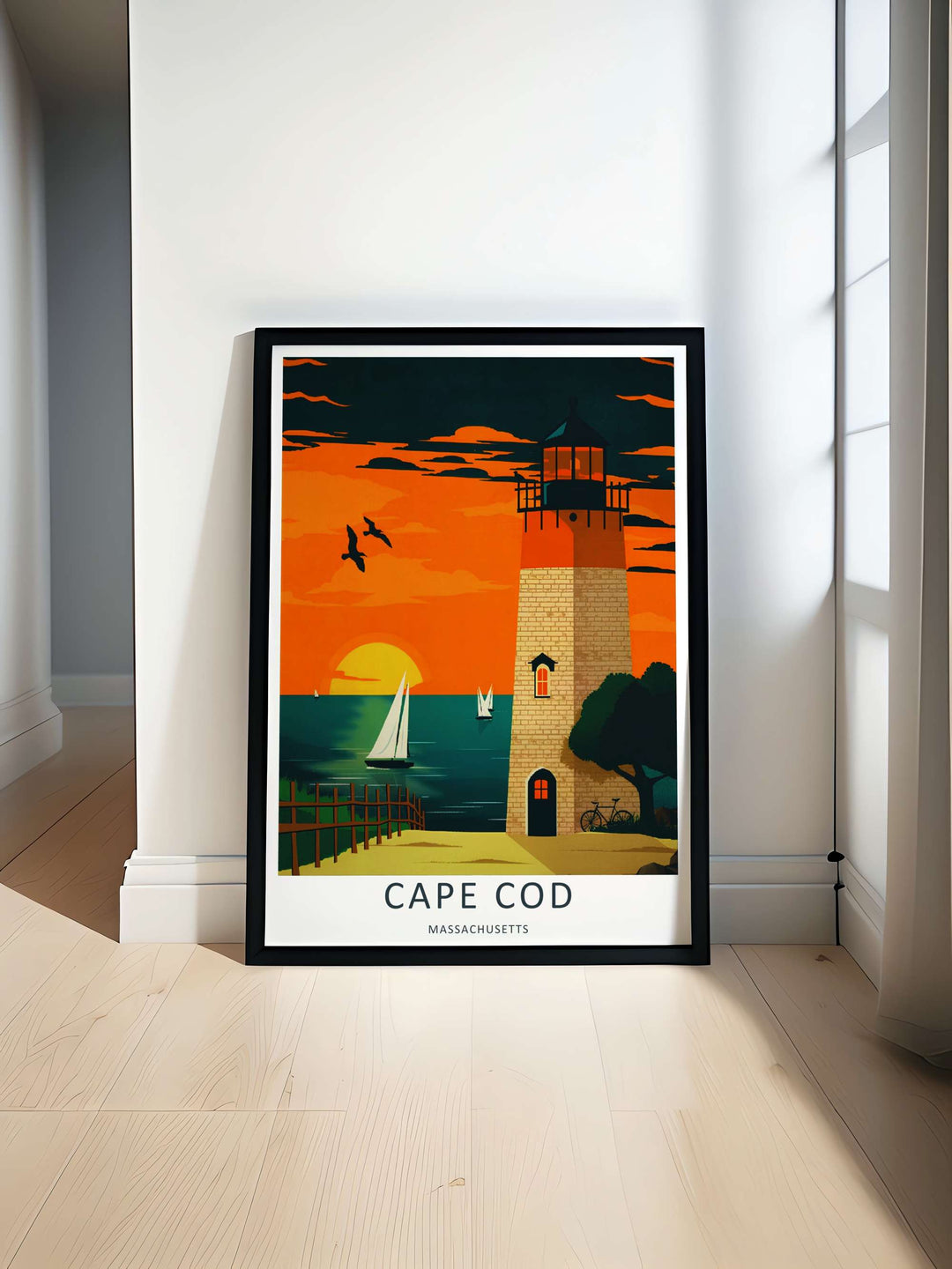 Sailboats resting on deep teal ocean water under a blazing orange and yellow sky in an elegant vector poster design. This beautiful wall art makes an excellent housewarming gift as a canvas print, framed poster, or simple print.