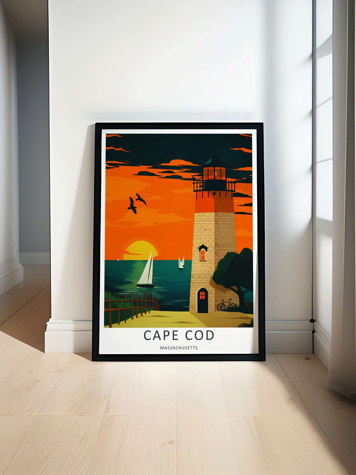 Sailboats resting on deep teal ocean water under a blazing orange and yellow sky in an elegant vector poster design. This beautiful wall art makes an excellent housewarming gift as a canvas print, framed poster, or simple print.