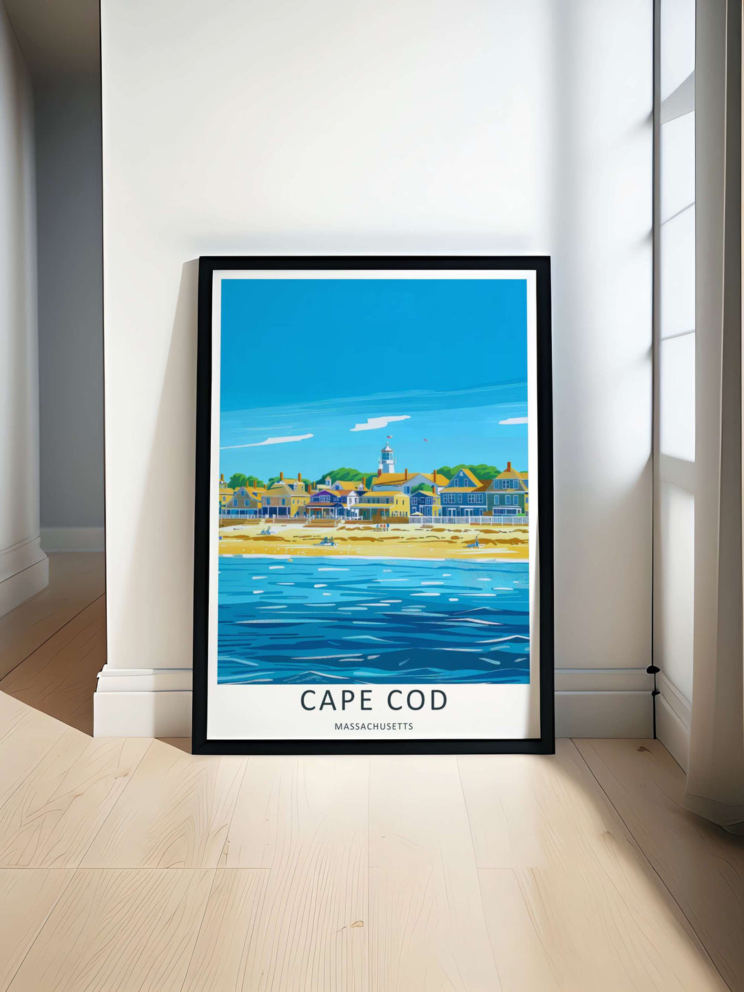 Cape Cod graphic vector style artwork illustrating a bright summer day on the shores of Massachusetts. This beautiful landscape wall art by MapYourDreams comes as an unframed poster or custom framed print.