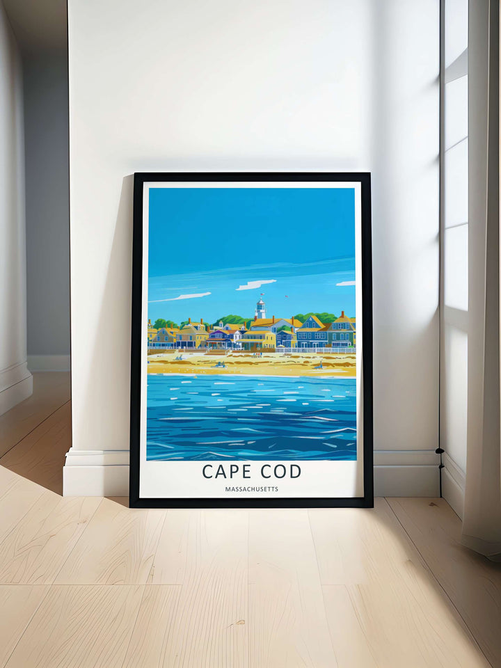 Cape Cod graphic vector style artwork illustrating a bright summer day on the shores of Massachusetts. This beautiful landscape wall art by MapYourDreams comes as an unframed poster or custom framed print.