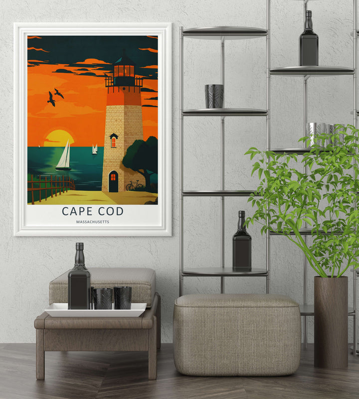 Cape Cod graphic vector style sunset poster illustrating a peaceful summer twilight on the shores of Massachusetts. This beautiful landscape wall art by MapYourDreams comes as an unframed poster, gallery canvas, or custom framed print.