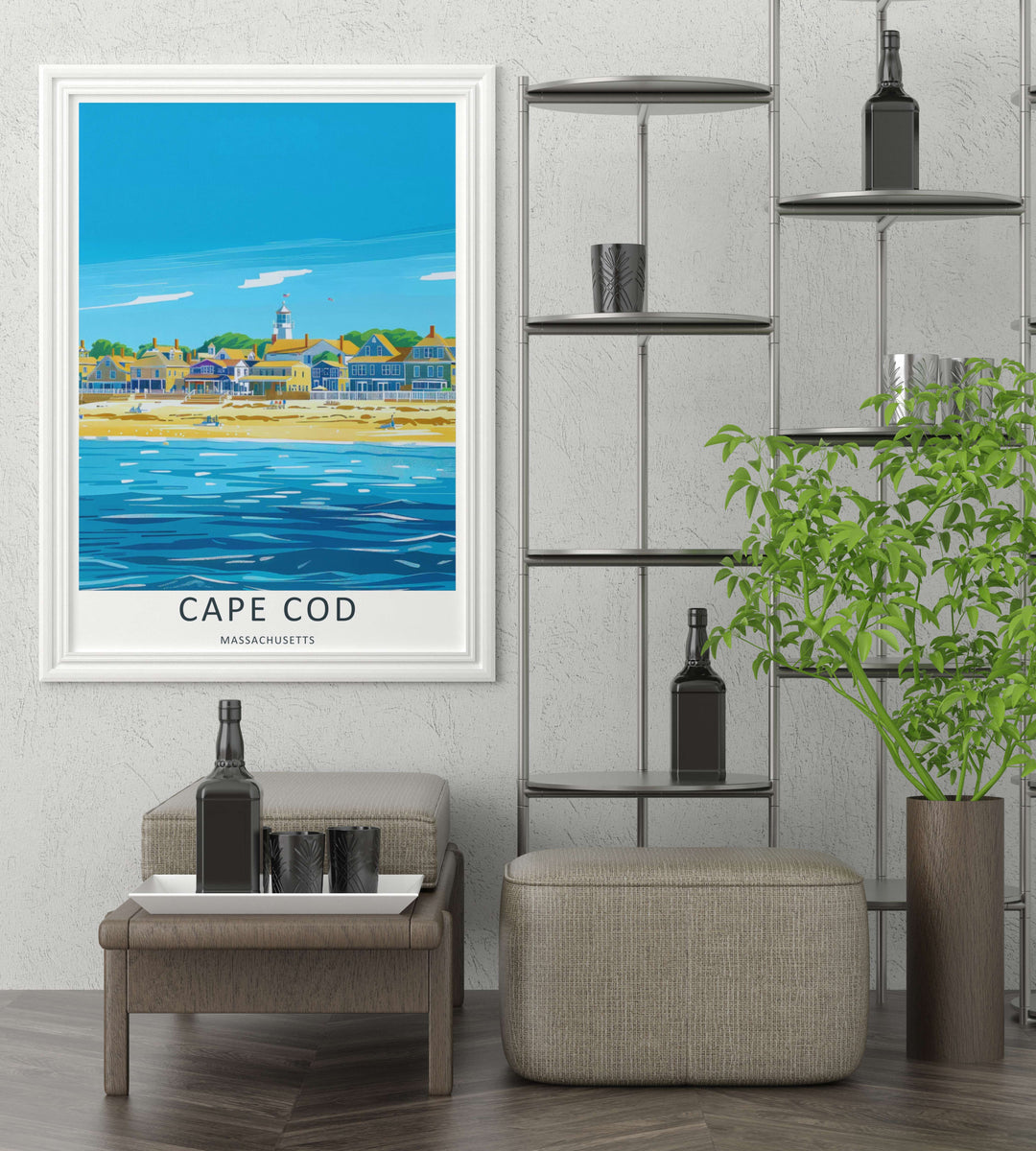 Cape Cod beach village scene looking across a vast blue ocean with a town center lighthouse standing tall under a clear sky. A striking poster design perfect for living room decor as a framed print or matted poster.