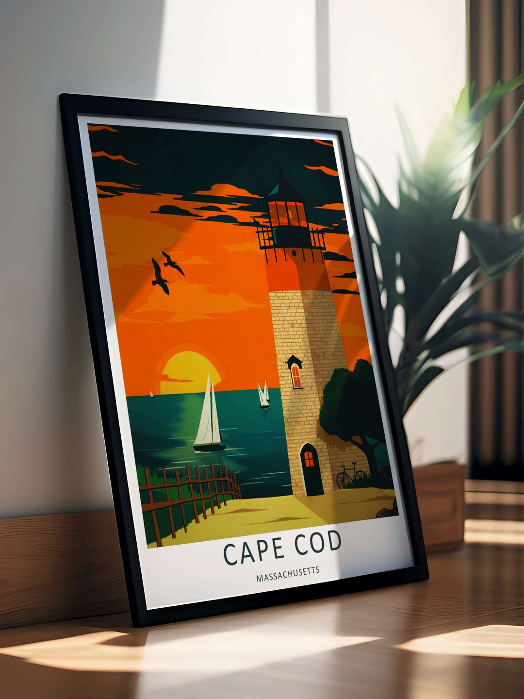 Cape Cod lighthouse tower crafted from brick stone looking out over a dark teal ocean bay filled with white sailboats. A striking poster design perfect for living room decor as a canvas print, framed art, or poster.