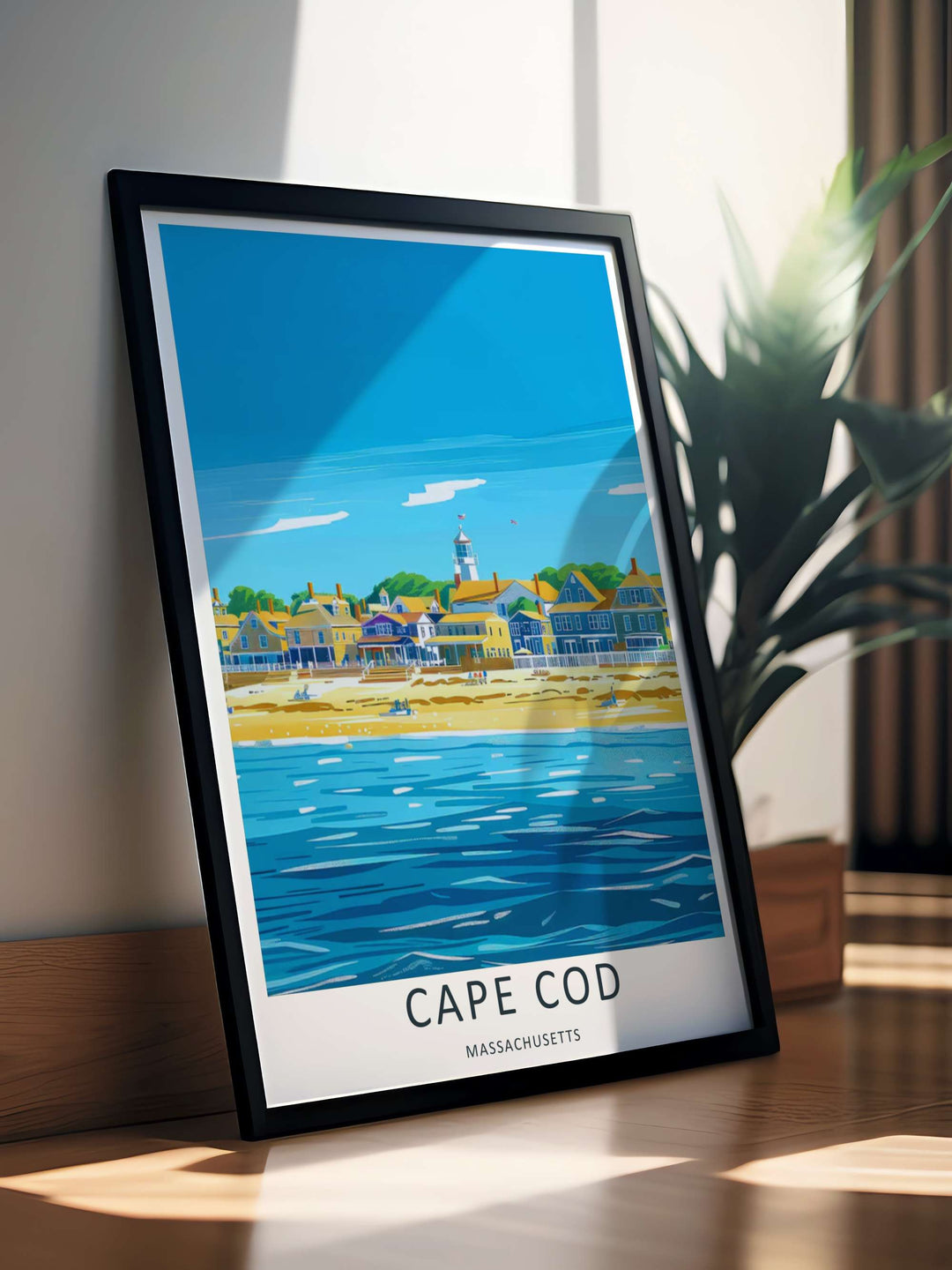 Fine art illustration of a waterfront street with colorful coastal architecture looking out onto a blue ocean on Cape Cod. MapYourDreams wall decor offered in multiple sizes as an unframed print or luxury framed print.