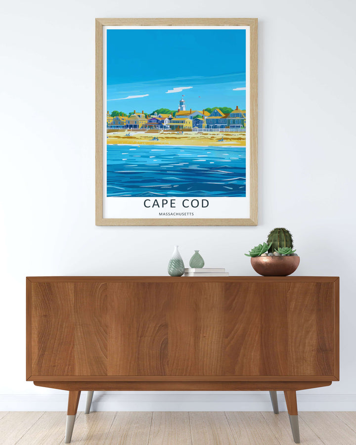 Cape Cod nautical destination art print highlighting the peaceful morning views of a Massachusetts beach and ocean resort town. Elevate your gallery wall with this MapYourDreams poster available in framed and unframed formats.