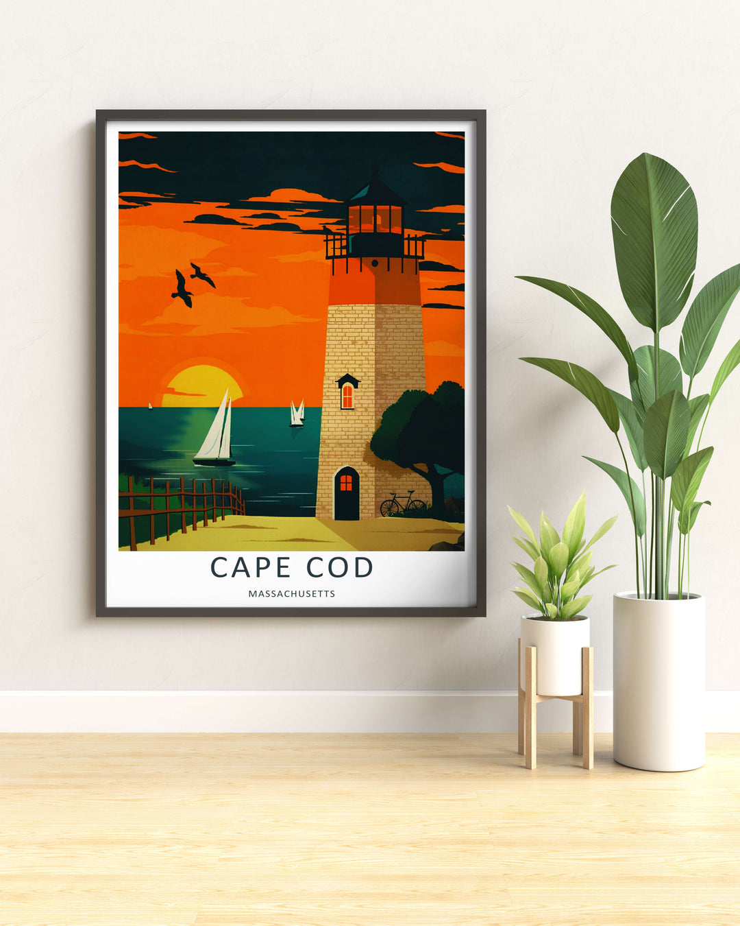 Fine art illustration of a sunset beach path with a brick lighthouse lit from within on Cape Cod. MapYourDreams wall decor offered in multiple sizes as an unframed print, framed print, or luxury canvas.