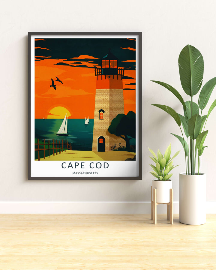 Fine art illustration of a sunset beach path with a brick lighthouse lit from within on Cape Cod. MapYourDreams wall decor offered in multiple sizes as an unframed print, framed print, or luxury canvas.