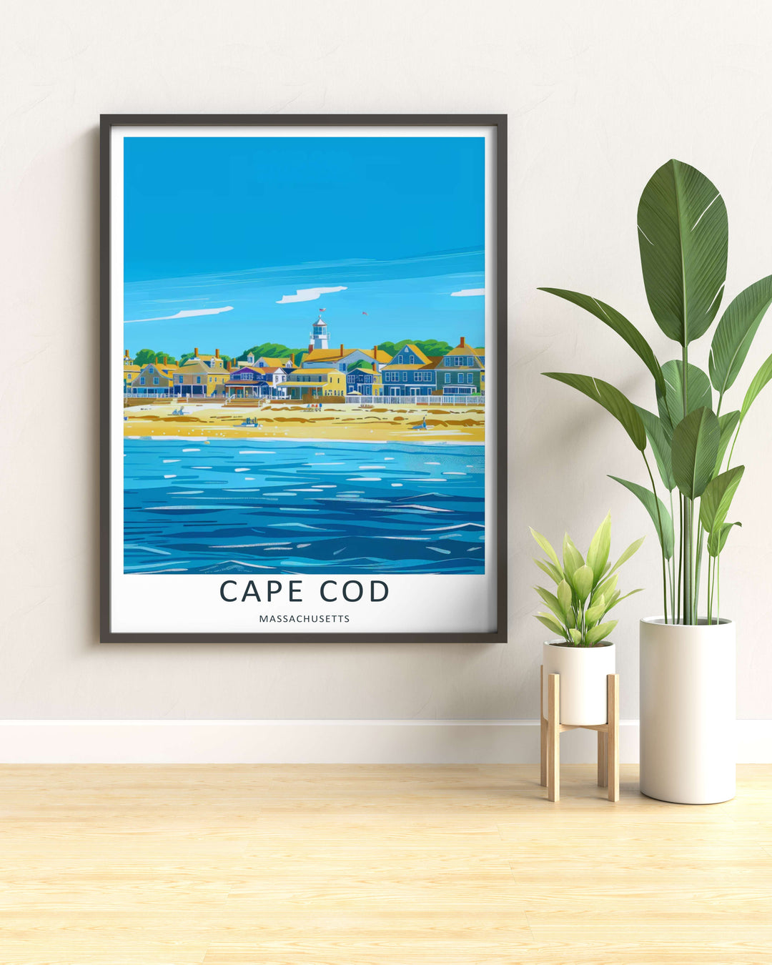 Retro style beach town print capturing the timeless, peaceful atmosphere of a sunny afternoon on the coast of Massachusetts. Meticulously crafted by MapYourDreams and available as a matted framed print or poster.