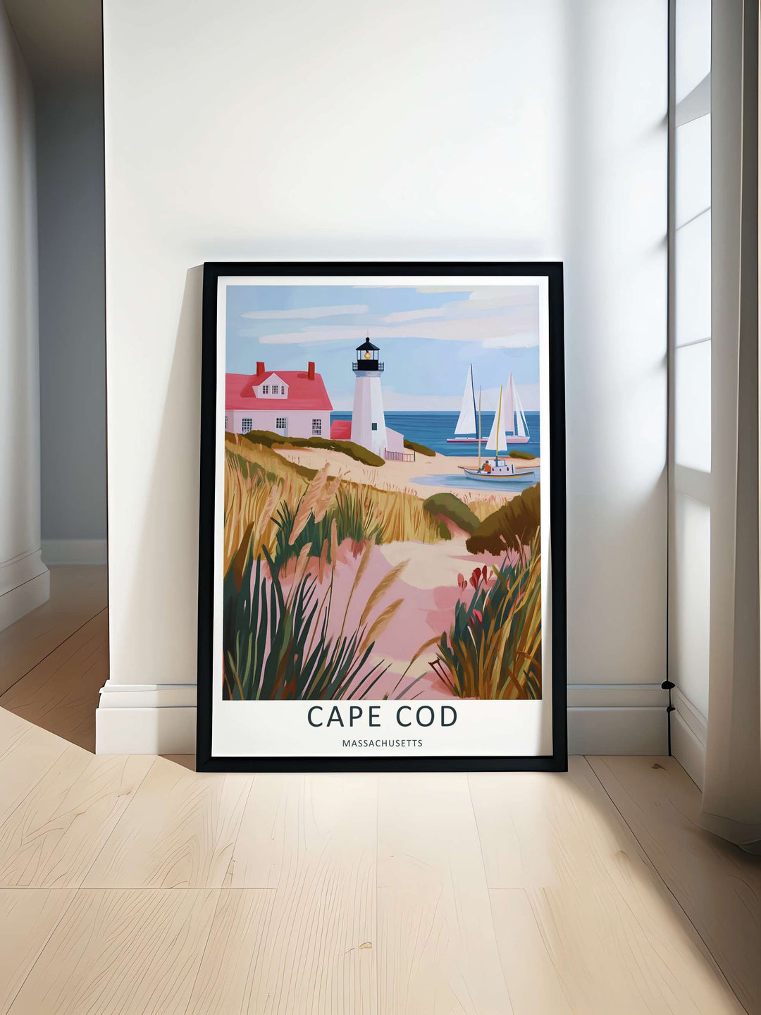 Vibrant beach grass nested among coastal dunes in a soft pastel travel poster design from Cape Cod Massachusetts. This beautiful wall art makes an excellent housewarming gift as a framed poster or simple print.
